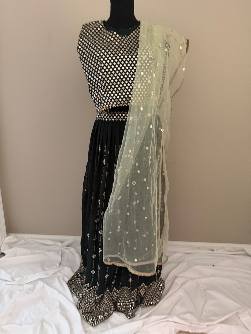 Embroidered Green Mirrorwork Modest Lehenga Blouse and Skirt with Mint Dupatta